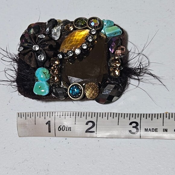 Handcrafted Statement Brooch Pin Turquoise Rhinestones Gemstones Feathers Women - Picture 5 of 6